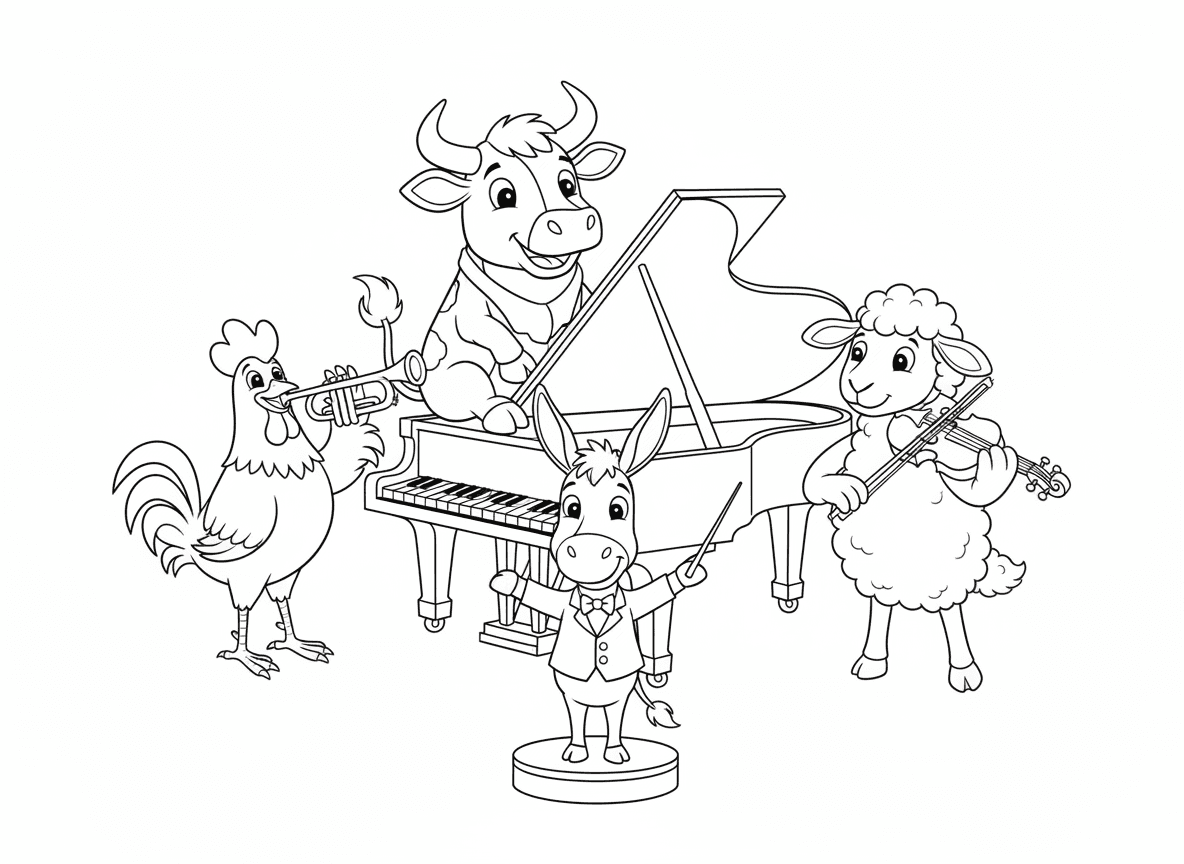 תזמורת של חיות חווה
פרה על פסנתר, תרנגול עם חצוצרה, כבשה עם כינור וחמור מנצח עם שרביט.