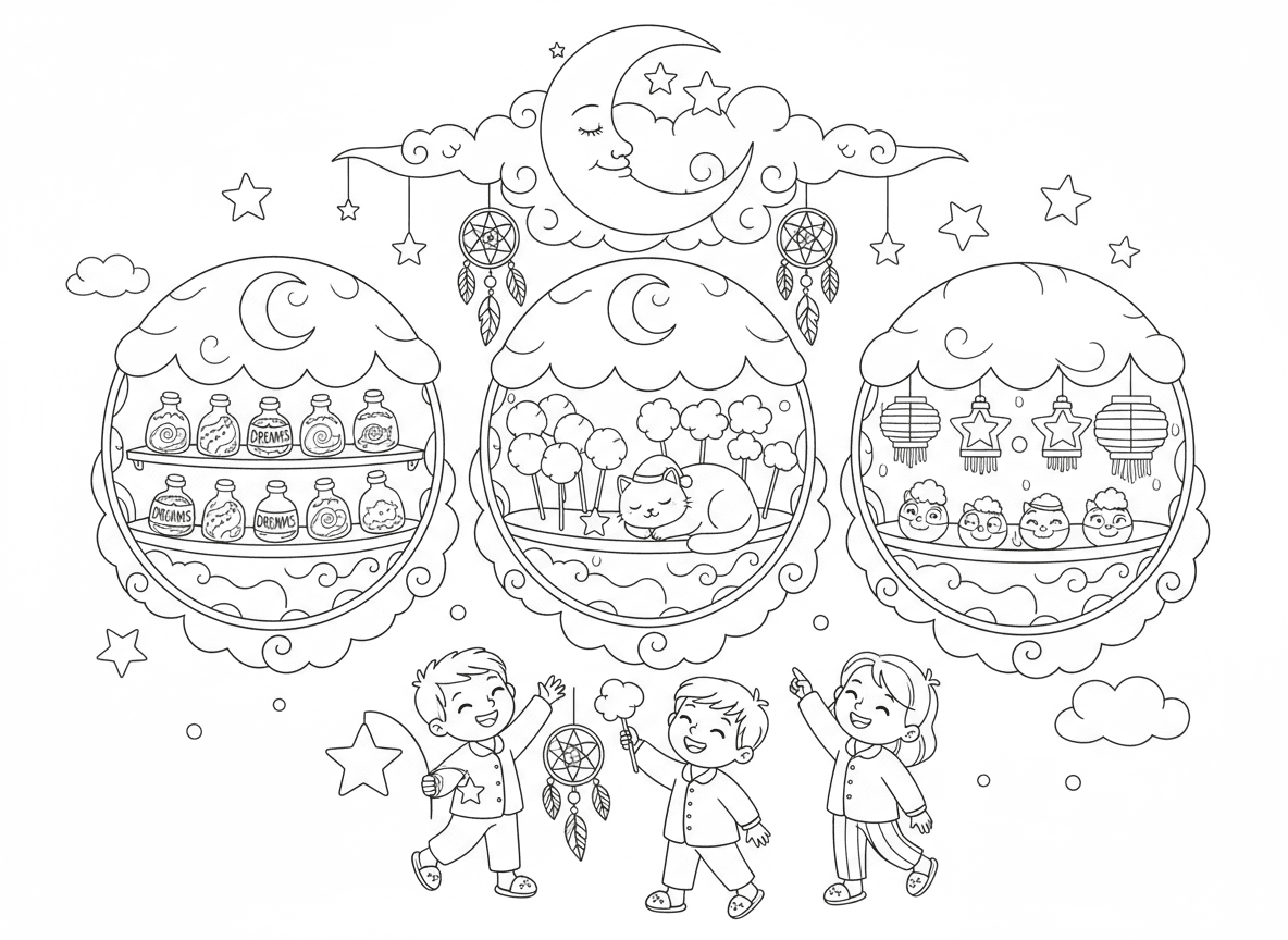 שוק לילה של חלומות - דוכנים מרחפים מוכרים חלומות ומשאלות בבקבוקים, שערות סבתא מעננים, פנסים בצורת כוכבים, ירח כשלט השוק, ילדים בפיג׳מות קונים, חתול ישן כמוכר, ולוכדי חלומות כפעמוני רוח