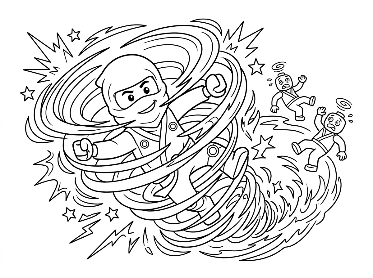 לוחם ננג׳ה מבצע ספינגיטסו — מסתובב במערבולת אנרגיה כמו סופה, רק חלקי הגוף נראים בתוך הסיבוב. סביבו גלי אנרגיה ספירליים וניצוצות, יריבים נדחפים לאחור מכוח הסיבוב. סגנון תנועה מסחררת עם קווים מעגליים.