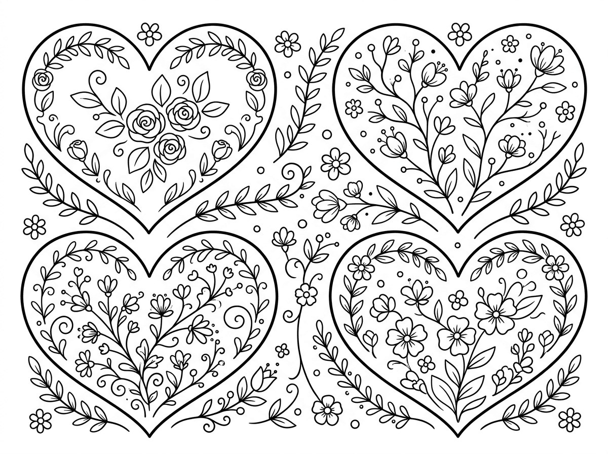 מספר צורות לב גדולות ממלאות את הדף, כל לב מעוטר מבפנים ומבחוץ בדוגמאות פרחוניות עדינות של ורדים קטנים, עלים מתולתלים וענפי פריחה. הלבבות מסודרים בקומפוזיציה הרמונית עם פרחים זעירים ממלאים את הרווחים ביניהם. סגנון רומנטי ועדין עם קווים דקיקים.