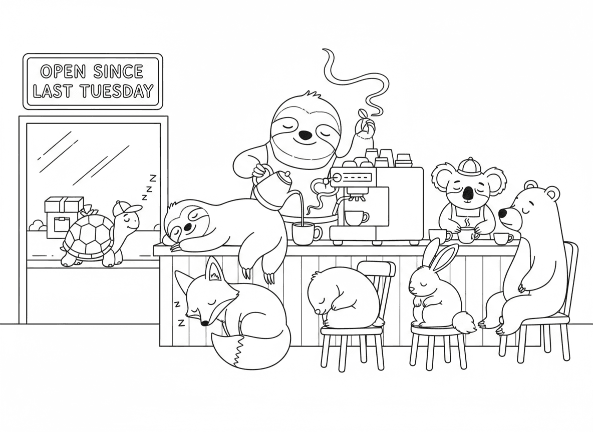 בית קפה של עצלנים - עצלנים מנהלים את בית הקפה הכי איטי בעולם, עצלן אחד הכין קפה שלוש שעות, לקוחות נרדמים בהמתנה, קואלה בריסטה, צב שליח, ושלט שאומר פתוח מיום שלישי שעבר