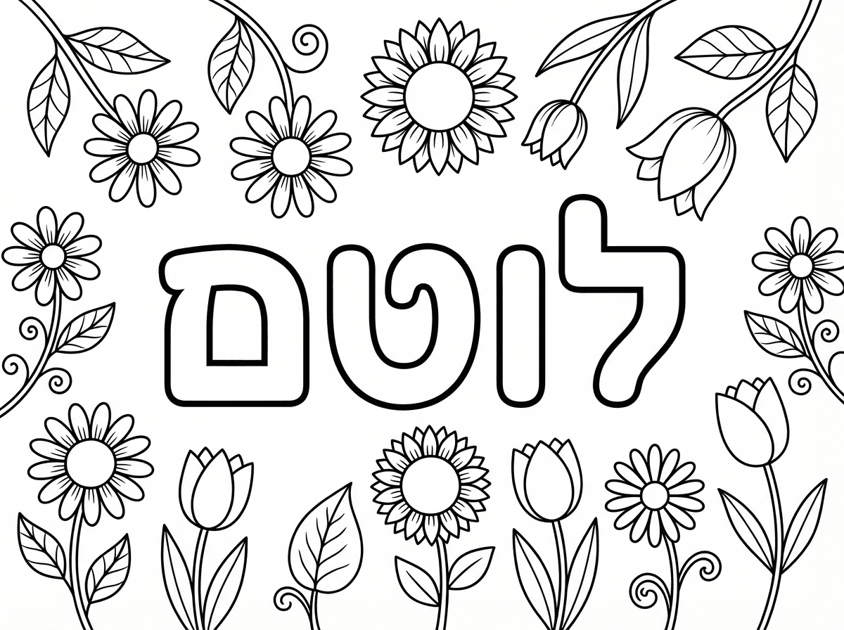 שלום, צייר לי המילה לוטם במרכז עם איורים של פרחים ועלים
