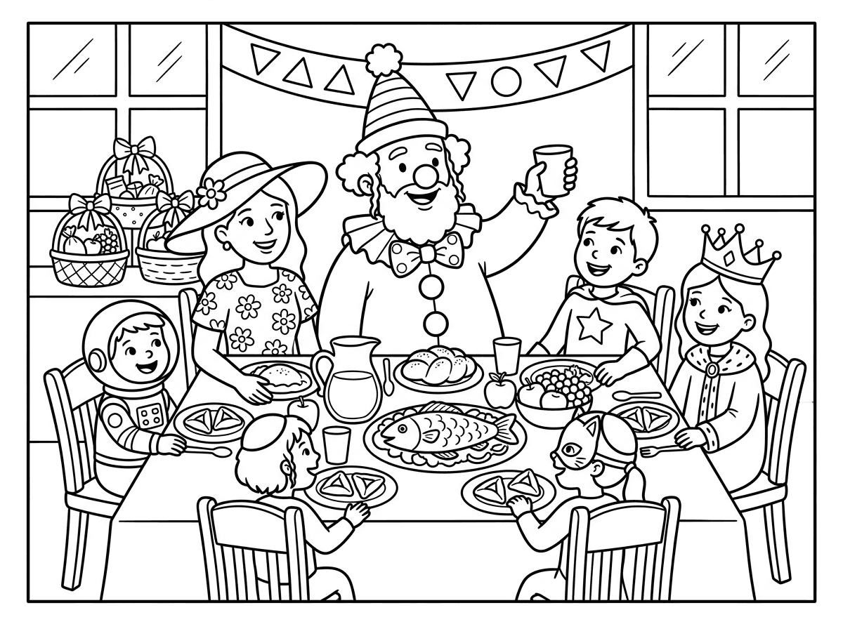 חסיד מחופש לליצן בראש השולחן
ומסביבו יושבים בסעודת פורים משפחתו מחופשים עם שולחן מלא כל טוב