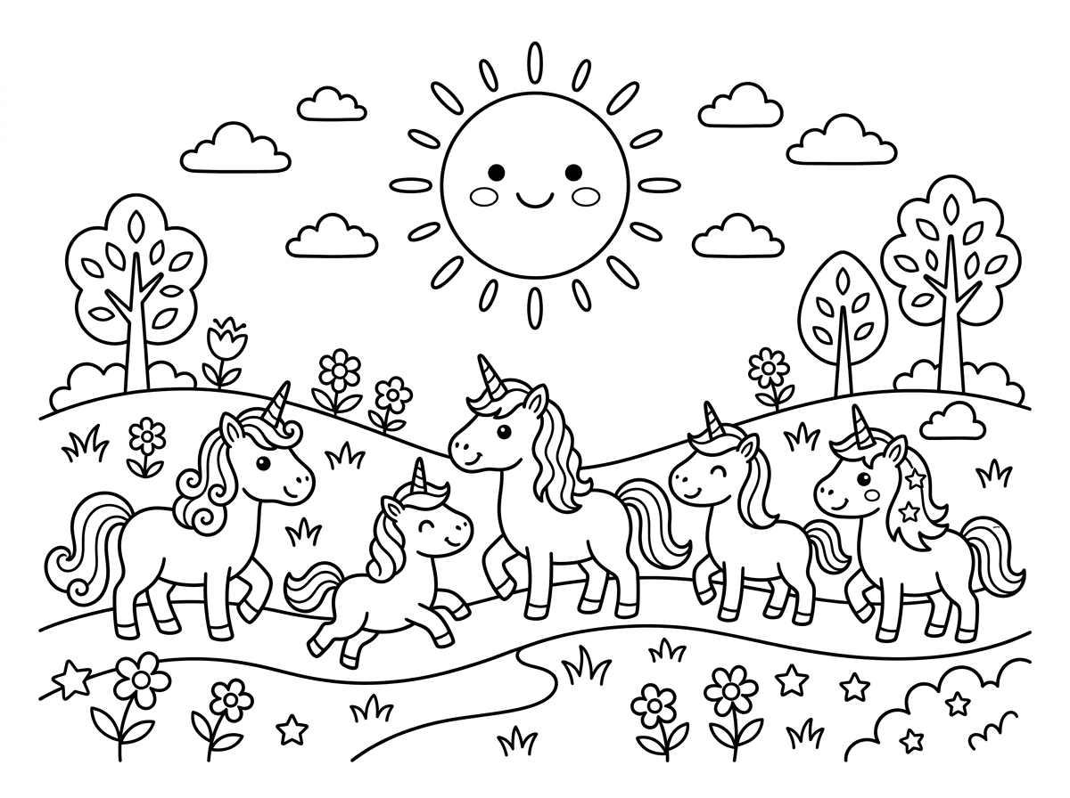 צייר ציור של הרבה חד קרן ושמש