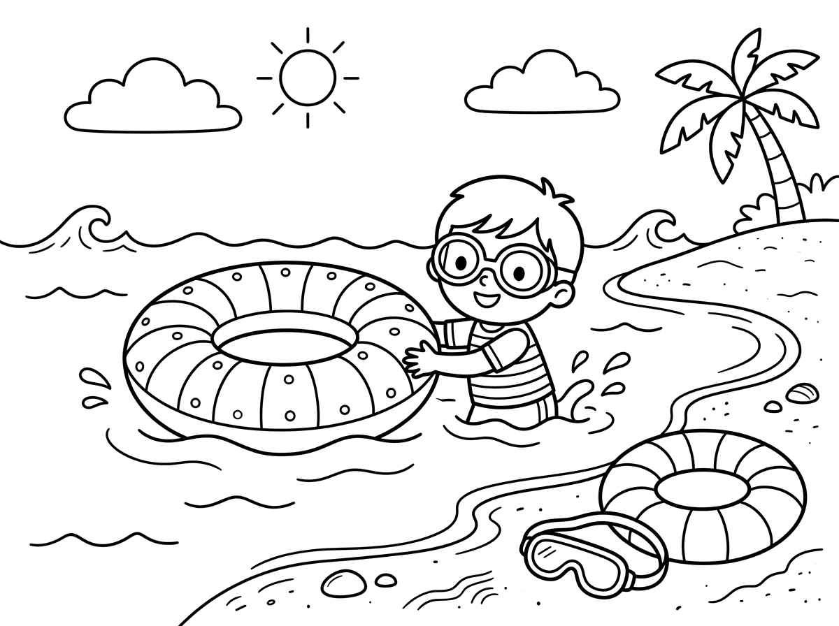 צייר ציור של חוף ים עם גלגלי ים ומשקפי ים