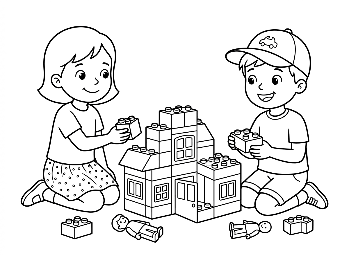 הי תיצור לי דף צביעה של ילדים בונים בית מלגו.
הילדה לבושה בחצאית
ו ילד עם כובע