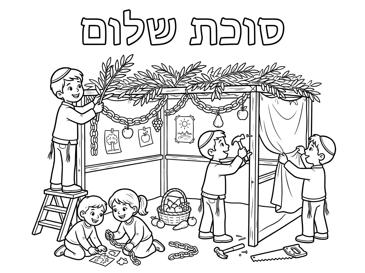תכין לי דף צביעה של סוכה 
שכתוב למעלה סוכת שלום ומצוייר ילדים בונים סוכה 
שהילדים יהיו עים כיפה וציצית