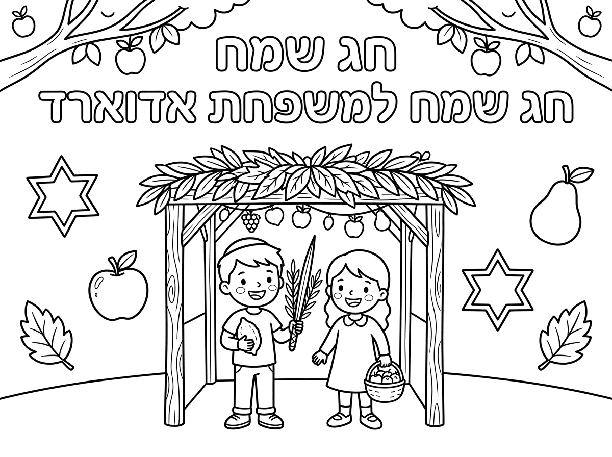צור לי דף צביעה לחג סוכות עם הכיתוב "חג שמח למשפחת אדוארד"