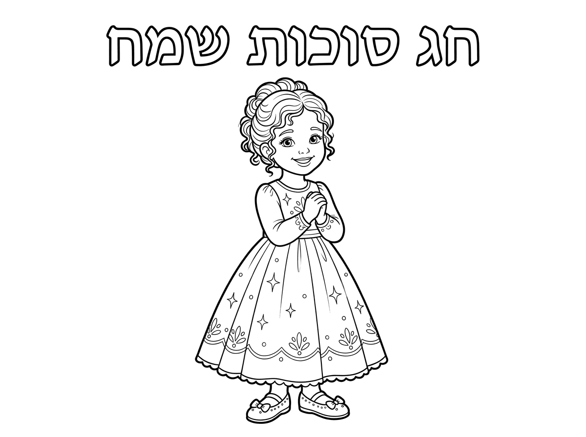 צור דף צביעה של ילדה יהודיה, בת 5, שיערה המתולתל אסוף בצורה מסודרת סביב פני הלב המתוקות שלה וחיוכה מאיר, שמלת החג היפה שלה מנצנצת, עם שרוולים ומגיעה כמעט עד לרצפה, נעלי החג המנצנצות מציצות מתחת לשמלה בחמידות. והיא מחייכת ומתוקה, פניה בצורת לב. מעל דמותה כתוב "חג סוכות שמח" באופן פרופורציונלי