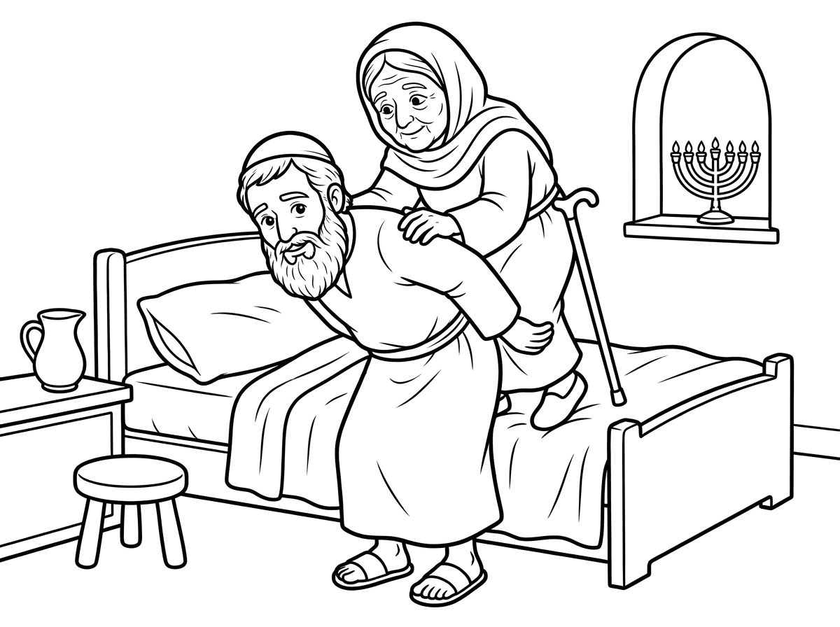 שלום לך,
אנא צור לי דף צביעה של חכם יהודי מתקופת התנאים
מתכופף על יד מיטה
ועוזר לאמו הזקנה לעלות על גבו כדי לעלות למיטה