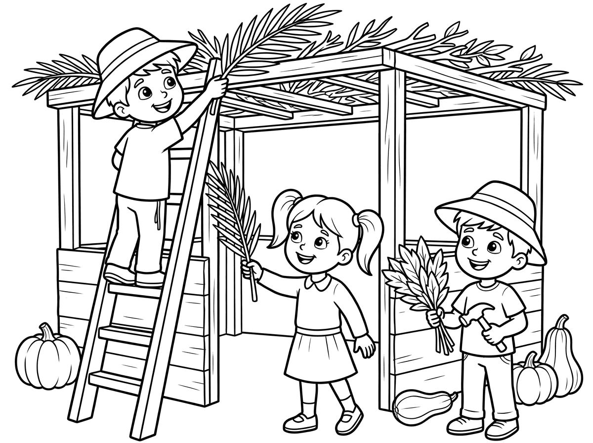 אני אשמח לעוד דף צביעה, הפעם שרואים שלושה ילדים בונים סוכה.
2 בנים עם כובעי שמש ובת אחת, אפשר שאחד הבנים יהיה על סולם והאחרים נותנים לו דברים.