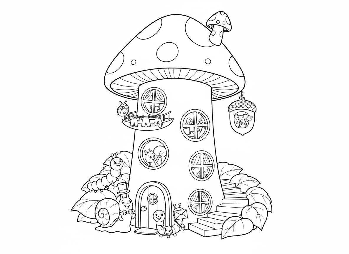 בניין דירות פטרייה - פטרייה ענקית עם הרבה קומות וחלונות, יצורים שונים גרים בכל קומה, חילזון שוער, חיפושית במרפסת עם כביסה, תולעת דוור, זחל מטפס במדרגות, ומעלית בלוט