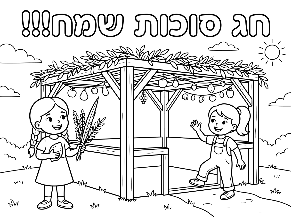 תתן לי דף צביעה של סוכה וילדה שעומדת ליד הסוכה ומחזיקה את ארבעת המינים ועוד ילדה שנכנסת לסוכה וגם כתוב למעלה בכתב בלון חג סוכות שמח!!!