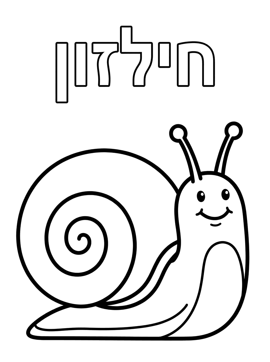 צור דף צביעה  לילדי גן,לאורך.כתוב למעלה את המילה :" חילזון" באותיות חלולות בגודל בינוני.במרכז ציור של חילזון .ברור ומותאם לצביעה