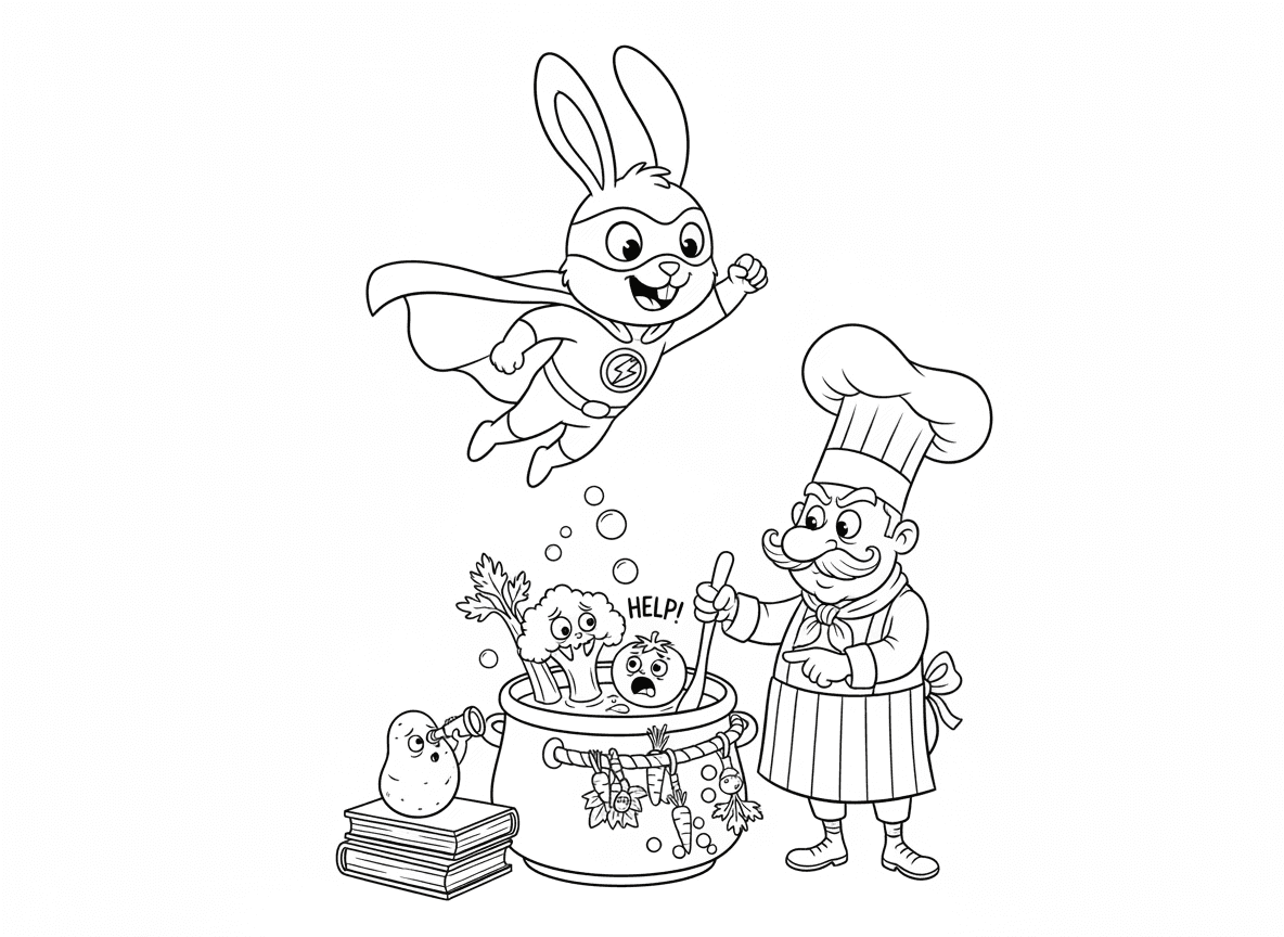 ארנב גיבור על מציל ירקות - סופר ארנב עם גלימת גזר עף להציל ירקות מסיר מרק, ברוקולי במצוקה, עגבנייה צועקת להצלה, שף מרושע מערבב סיר, חבל בריחה מסלרי, ותפוח אדמה כתצפיתן