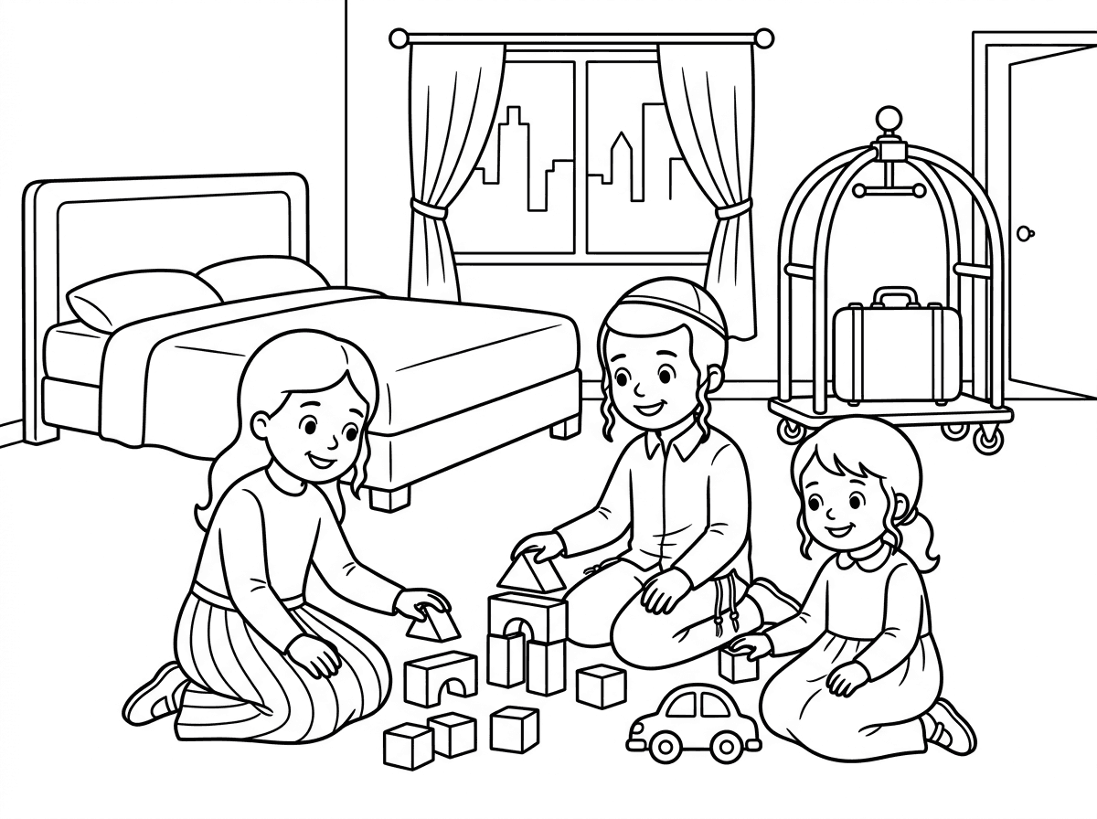 דף צביעה של בן חרדי בגיל 4 ועוד בת חרדית בת 4 ועוד בת חרדית בגיל 3 נמצאים בבית מלון ומשחקים