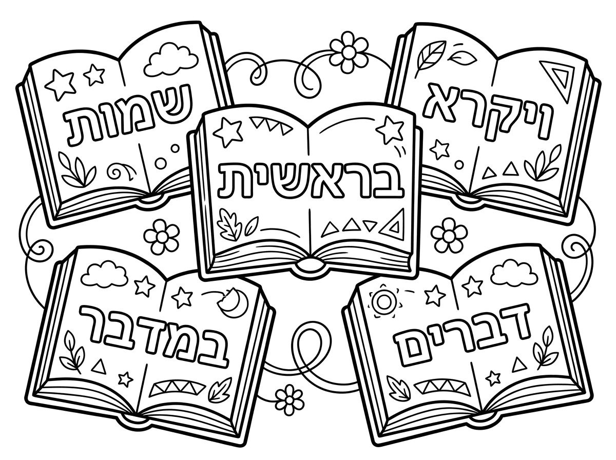 תיצור לי דף צביעה של 5 חומשי תורה 
בראשית
שמות
ויקרא
במדבר
דברים