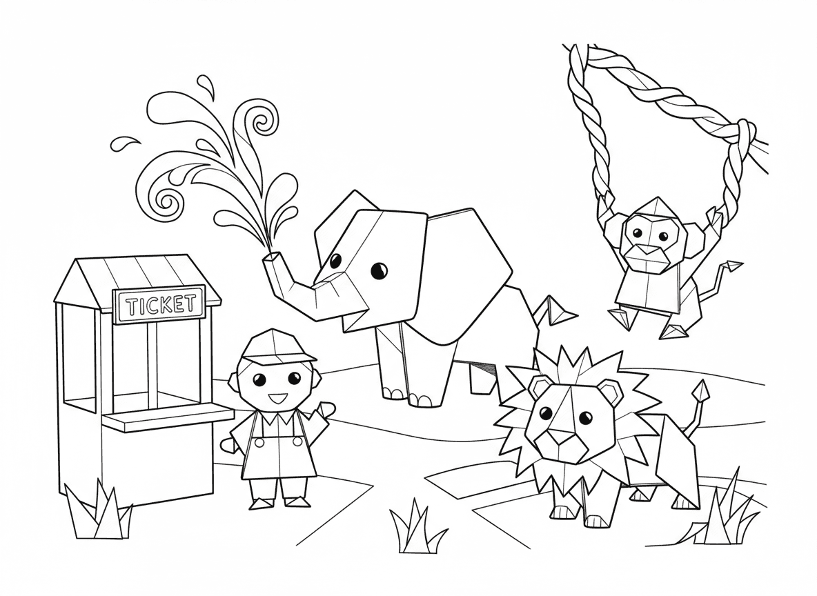 גן חיות אוריגמי - חיות מקופלות מנייר בגן חיות, פיל אוריגמי מרסס מים מנייר, קוף אוריגמי מתנדנד על ליאנות נייר, אריה אוריגמי עם רעמת נייר, שומר גן חיות מנייר, וקופת כרטיסים מנייר מקופל