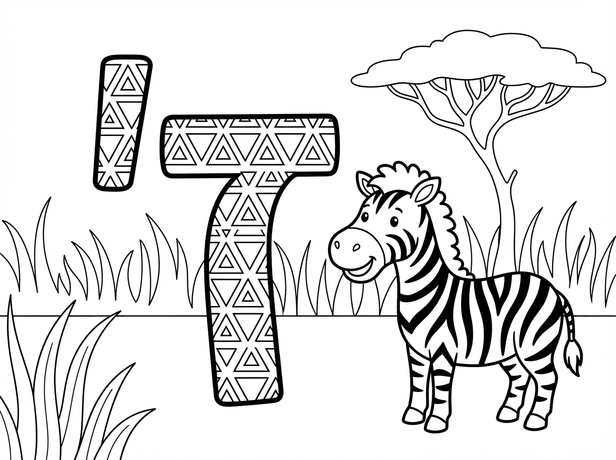 האות ז׳ (זַיִן) ענקית ומעוטרת בדוגמאות משולשים בתוכה, ממוקמת במרכז הדף. לצד האות ציור של זברה חמודה עם פסים מפורטים וחיוך ידידותי, מייצגת את המילה ""זברה"". ברקע סוואנה עם עשב גבוה ועצי שיטה, בסגנון חינוכי אפריקני.
