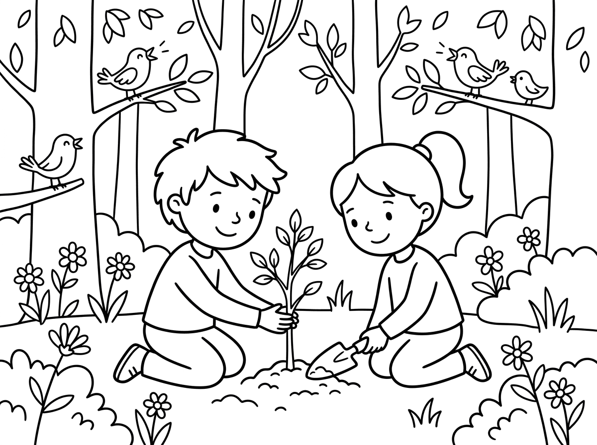 שני ילדים כורעים על ברכיהם באדמה חומה ורכה, אחד מחזיק שתיל עדין ושני מכסה אותו באדמה בעזרת את חפירה קטנה. פניהם מרוכזים ושמחים, סביבם עצים גבוהים ופרחי שדה, ציפורים שרות מהענפים. סגנון ילדותי טבעי עם אווירה כפרית.