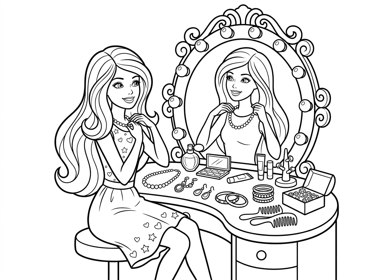 ברבי יושבת מול שולחן איפור מפואר מלא בתכשיטים: שרשראות, עגילים, צמידים וטבעות, מנסה שרשרת פנינים לפני מראה מוזהבת. על השולחן קופסאות תכשיטים פתוחות ומסרקים, נורות סביב המראה. סגנון גלאמורי ומפורט.