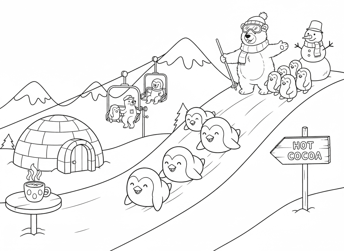 אתר סקי לפינגווינים - פינגווינים מחליקים במורד מדרונות על הבטן במקום מגלשיים, כלב ים מפעיל רכבל, דוב קוטב כמדריך סקי, בקתת איגלו עם שוקו חם, ואיש שלג כסמן שביל