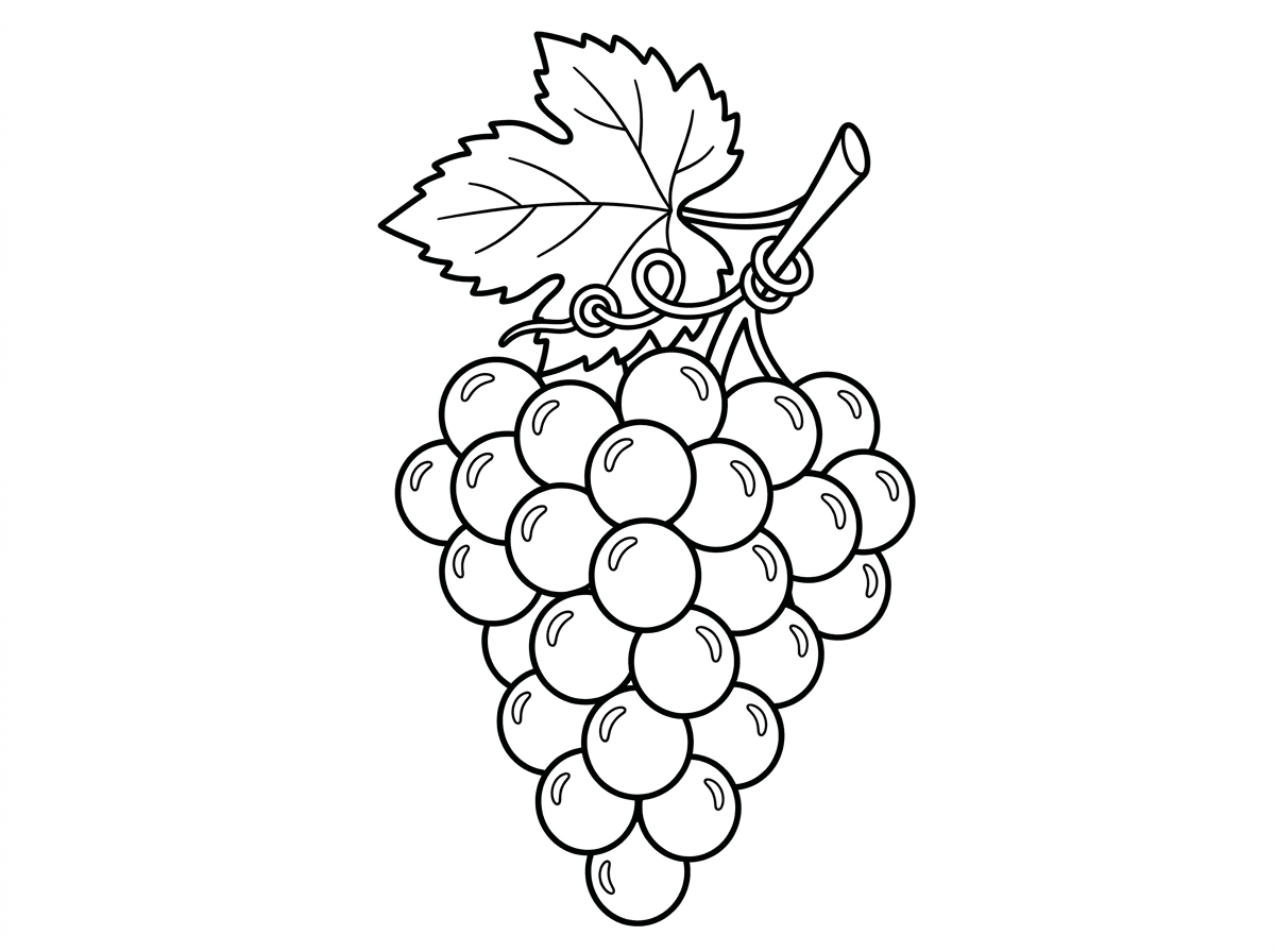 אשכול ענבים גדול ומפתה עם גרגרי ענבים עגולים וברקניים צפופים זה לזה, כל גרגר עם נקודת אור קטנה. עלה גפן גדול ומשונן מעל האשכול וקנוקנת מתולתלת מתפתלת סביב הגבעול. הסגנון ריאליסטי ומפורט עם טקסטורות ברורות.