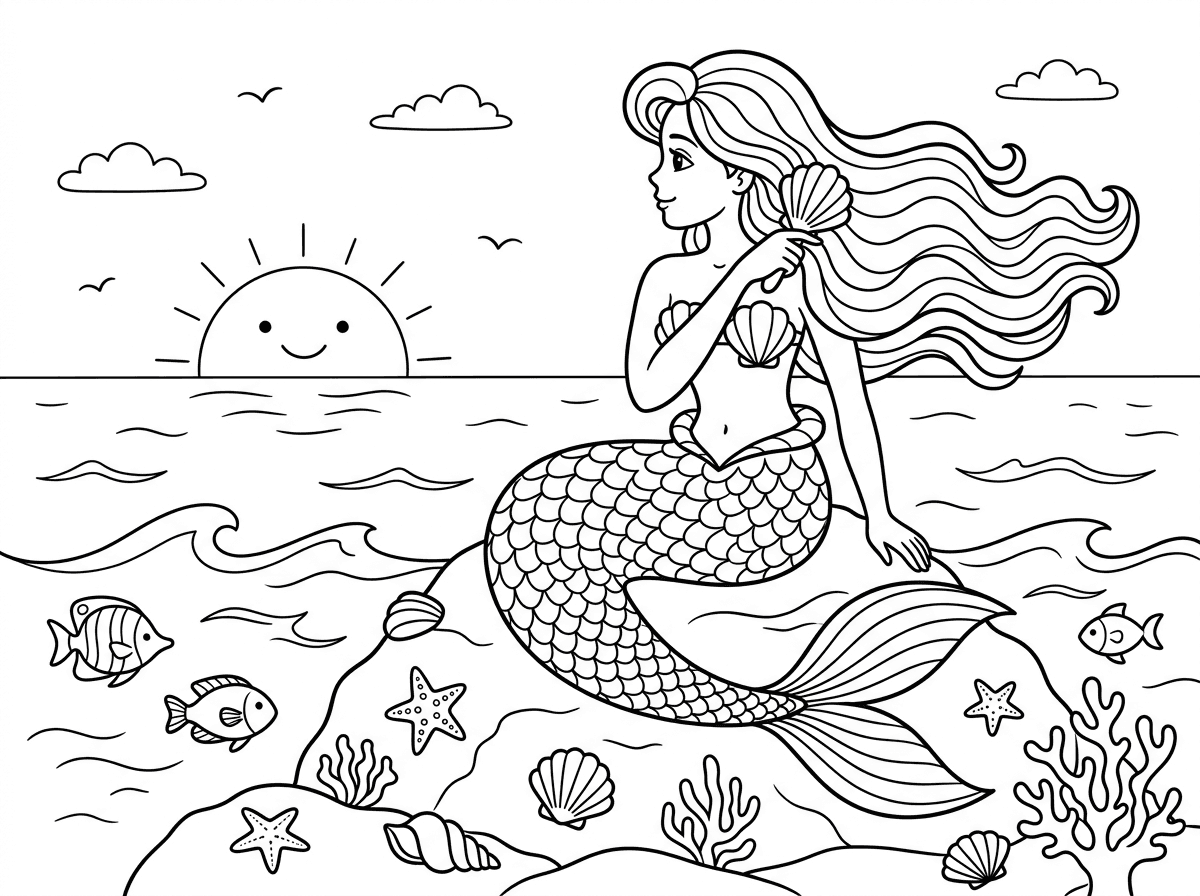 בת ים צעירה ויפהפייה עם שיער ארוך וגלי שמתנופף במים, סנפיר מפואר עם קשקשים מפורטים ומחוך צדפות. היא יושבת על סלע מעל המים ומסרקת את שיערה במסרק צדפה, מביטה אל האופק בחלומיות. סביבה דגים טרופיים, אלמוגים, כוכבי ים וצדפות, ברקע שקיעה מעל הים.