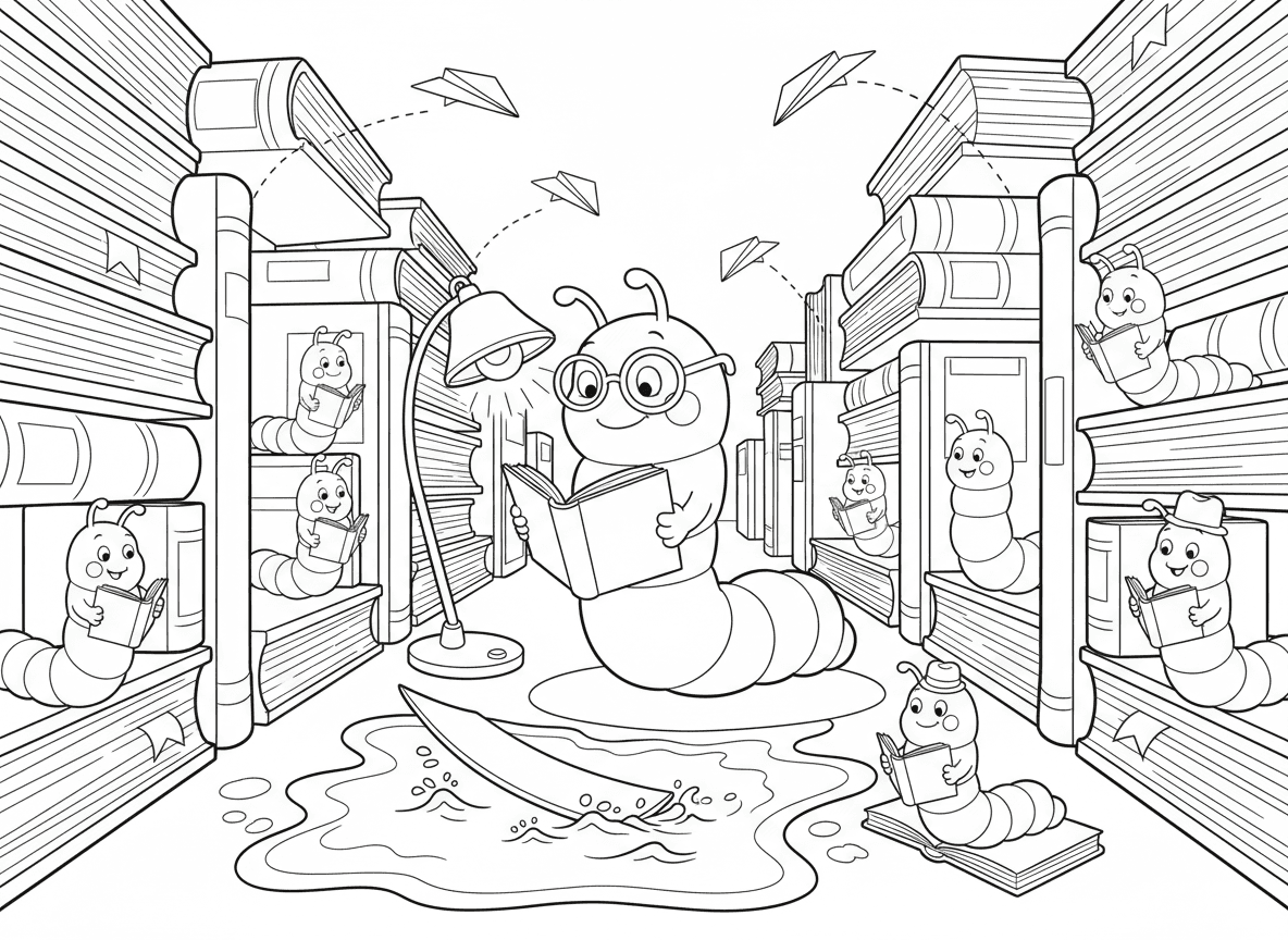 הרפתקת תולעי ספרים בספרייה - תולעים קוראות ספרים בתוך ספרייה בנויה מספרים, תולעת ספרים עם משקפיים ומנורת קריאה, טיסות מטוסי נייר בין מדפים, שלולית דיו כבריכת שחייה, וגלישה על סימניות