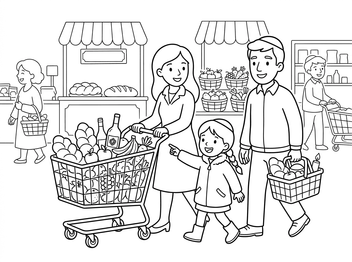 תעשה לי ציור של אנשים עושים קניות לשבת.