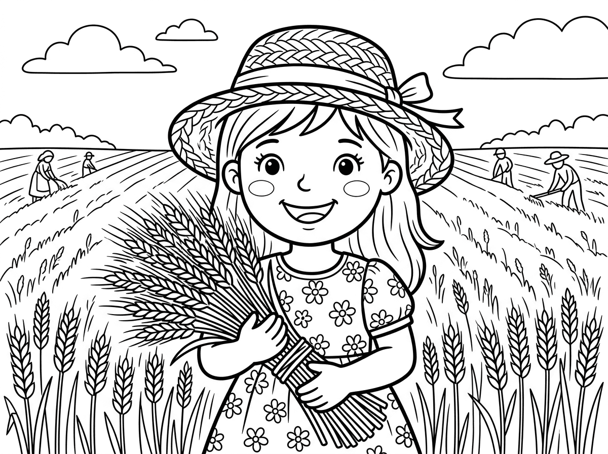ילדה כפרית חמודה עם כובע קש ושמלת פרחים מחזיקה אלומת שיבולי חיטה גדולה בזרועותיה, חיוך רחב ולחיים מהשמש. ברקע שדה חיטה נמתח עד האופק, שמיים עם עננים לבנים, וקוצרים נוספים רחוקים. סגנון כפרי אידילי עם אור שמש חם.