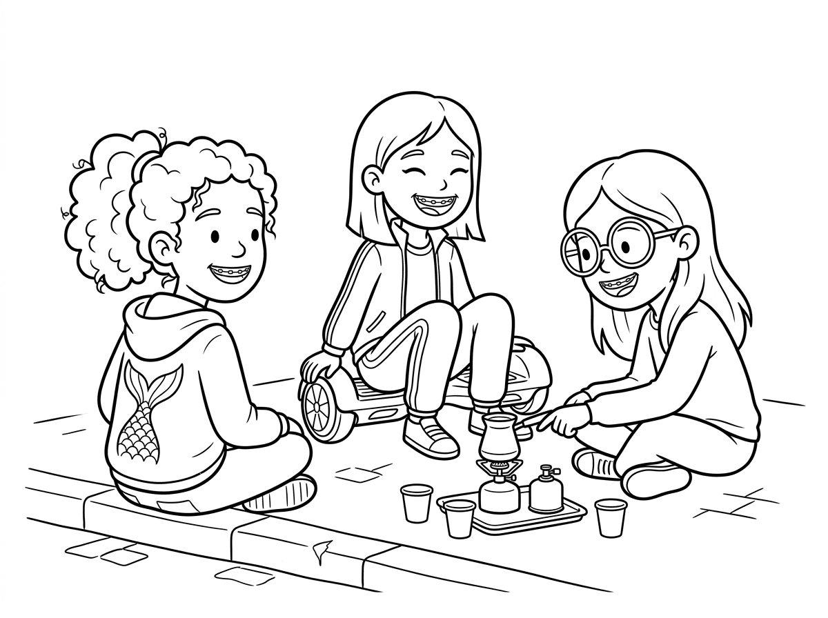 אני רוצה דף צביעה עם 3 בנות אחת מתולתלת עם קפוצון של סירנה מאחורה אחת חלקה על אוברבורט עם תרנינג וחולצה קצרה אחת עם משקפיים שיער חלק פזור ושלושתם עם קוביות יושבות על המדרכה עם פקל קפה
