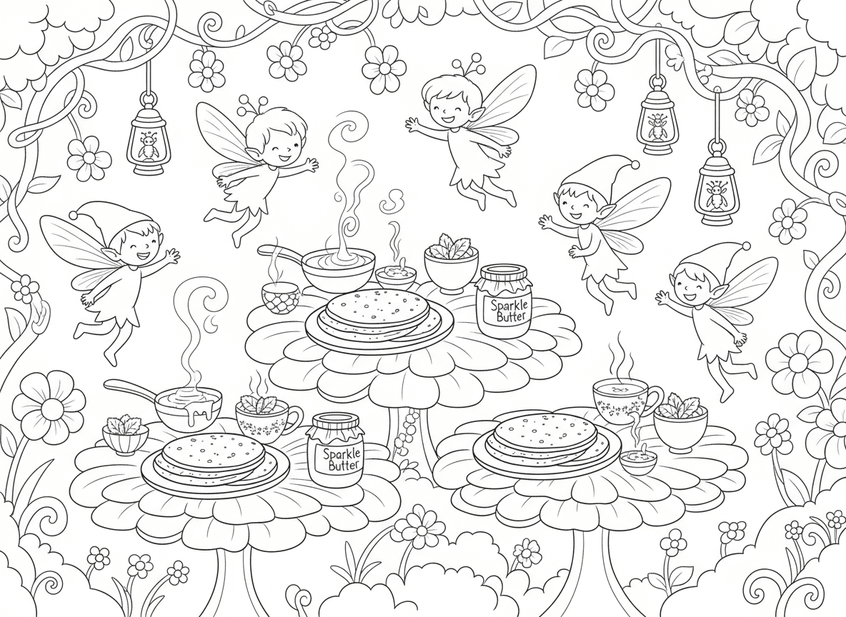 מימונה בגן פיות - פיות וגמדונים חוגגים מימונה עם מופלטה על שולחנות פרחים, דבש נוטף מכפות עלי כותרת, תה נענע בכוסות בלוט, חמאה נוצצת, ופנסים זעירים עשויים מגחליליות