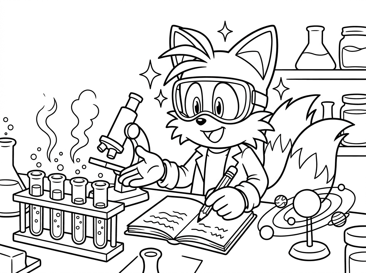 טיילס יושב ליד שולחן מעבדה עם מבחנות, מיקרוסקופ ומודל של מערכת השמש. הוא לובש משקפי מגן ומעיל לבן, כותב רשימות במחברת, נוזלים מבעבעים במבחנות ועשן עולה מניסוי, עם הבעת סקרנות והתרגשות.