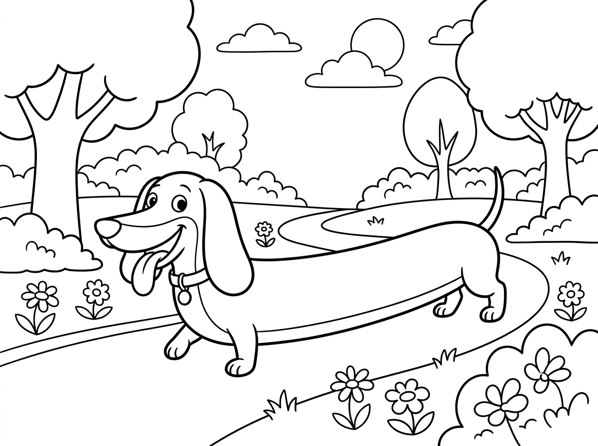 כלב תחש (דקסהונד) ארוך ונמוך עם אוזניים שמגיעות כמעט עד הרצפה, הולך בגאווה על שביל בפארק. הגוף שלו ארוך באופן מצחיק, והוא מחייך בביטוי עליז. סגנון קריקטורה משעשע עם הגזמה קומית של הפרופורציות הייחודיות של הגזע.