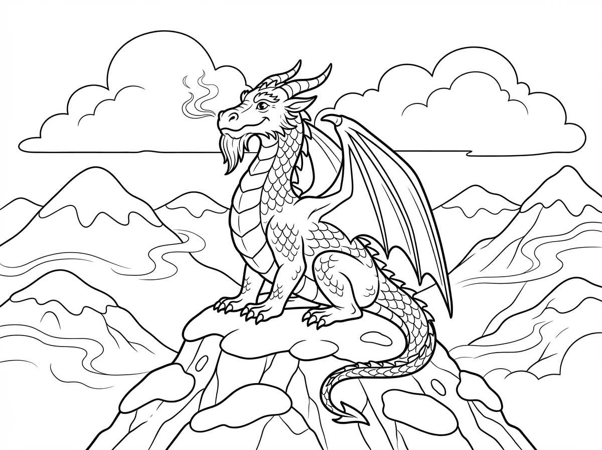 דרקון עתיק וחכם יושב על פסגת הר מושלג, כנפיו מקופלות ועיניו מביטות לעבר האופק. ערפל מקיף את ההר, ועשן דק עולה מנחיריו. סגנון ציור אפי ומרשים עם קווים מפורטים של קשקשים וטקסטורות סלע, רקע של רכס הרים מושלג ועננים.