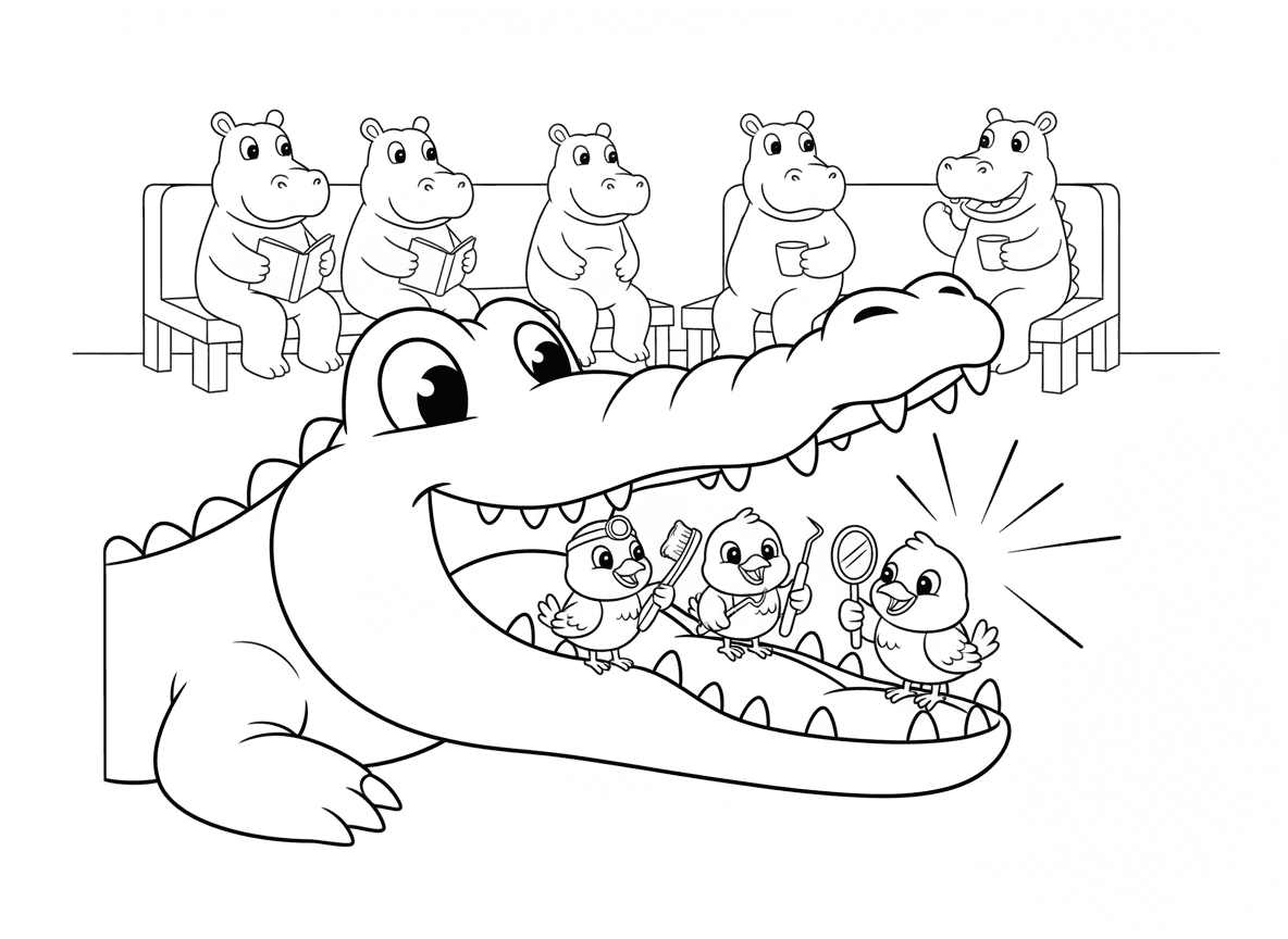 ציפורים מנקות שיניים לתנין - ציפורים קטנות מנקות שיני תנין, תנין מחייך עם פה פעור, ציפורים שונות עם כלי שיניים שונים, חדר המתנה מלא היפופוטמים ואליגטורים, ושיניים נוצצות בסיום