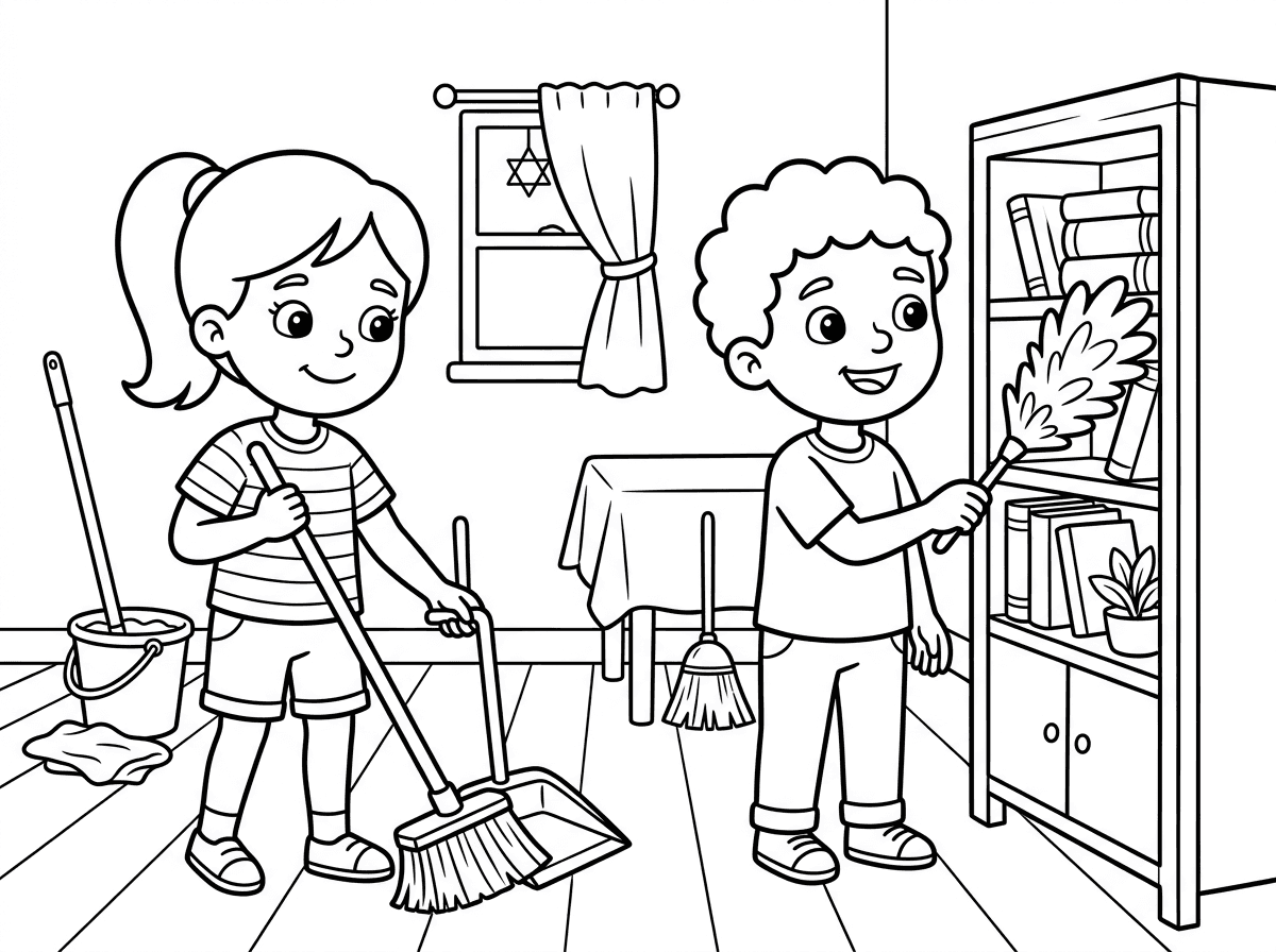 דף צביעה של ילדים שמנקים את הבית לפסח