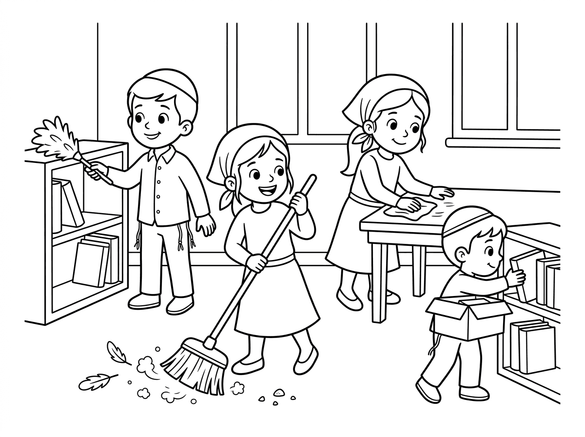 דף צביעה של ילדים דתיים שמנקים את הבית לפסח
