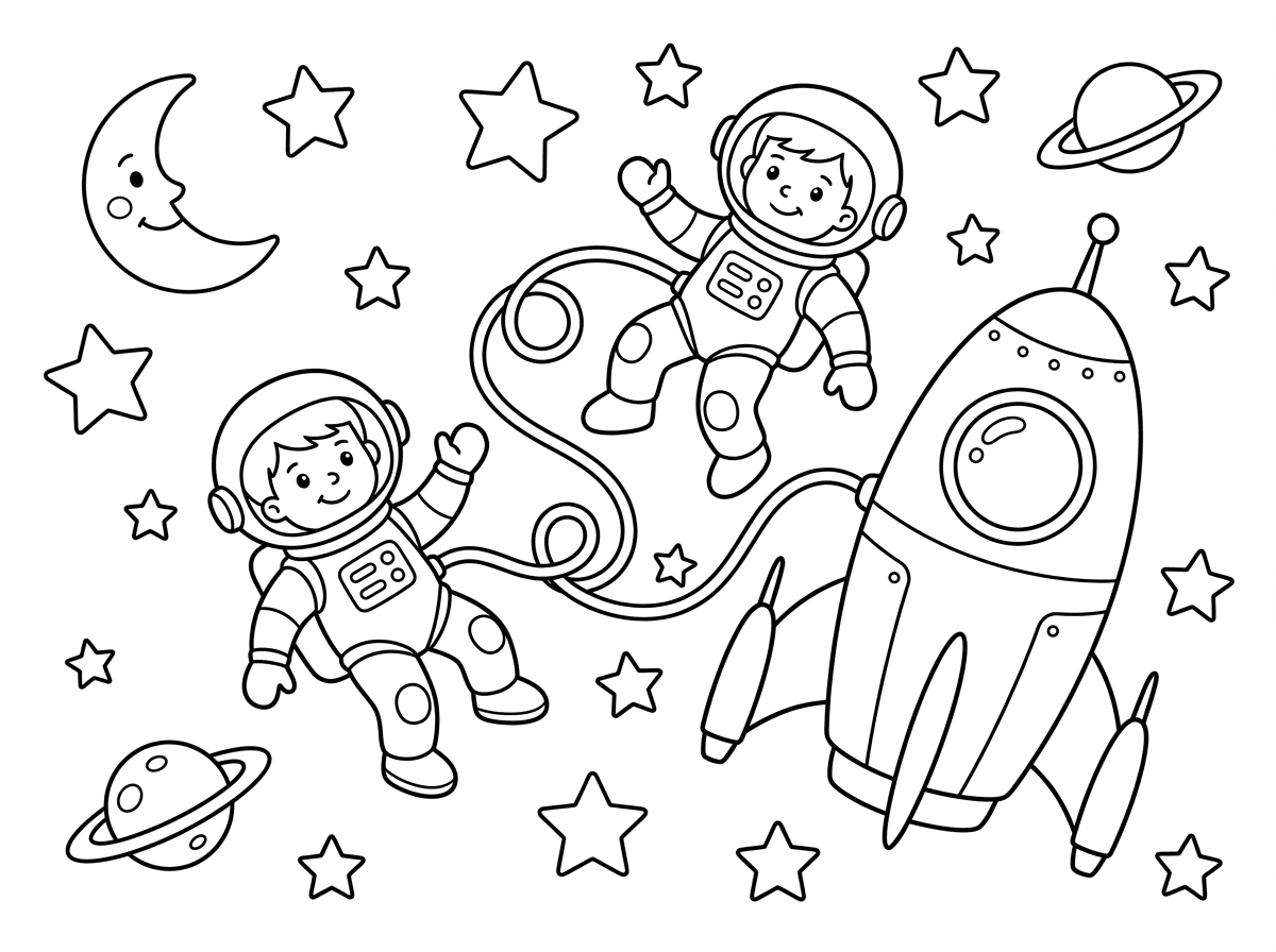 צור דף עם 2 אסטרונאטים עם חללית ומסביב כל מיני כוכבים