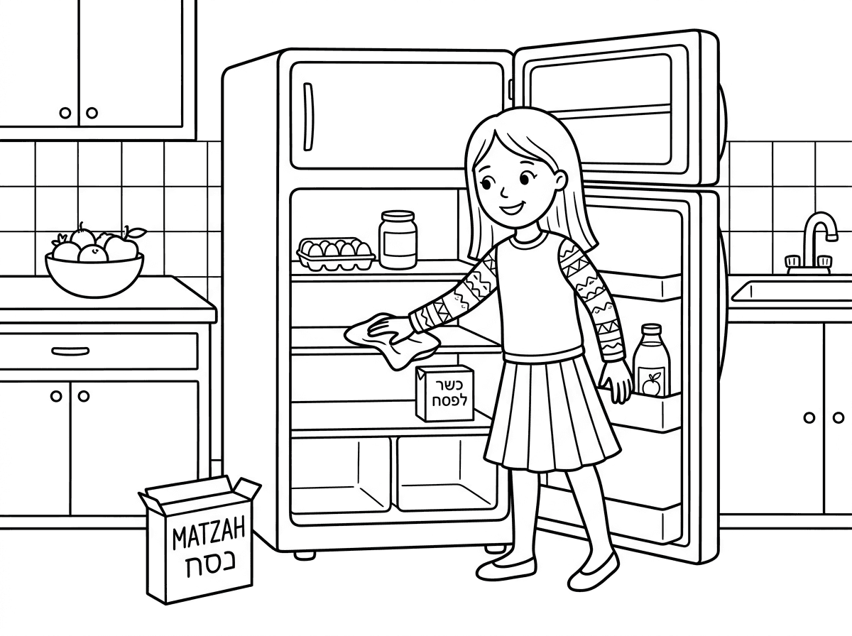 צור צייור של ילדה רזה עם שיער חלק שמגיעה7 סמ מעל המרפק היא לבושה בחולצה וחצאית יפות והיא מנקה את המקררלפסח