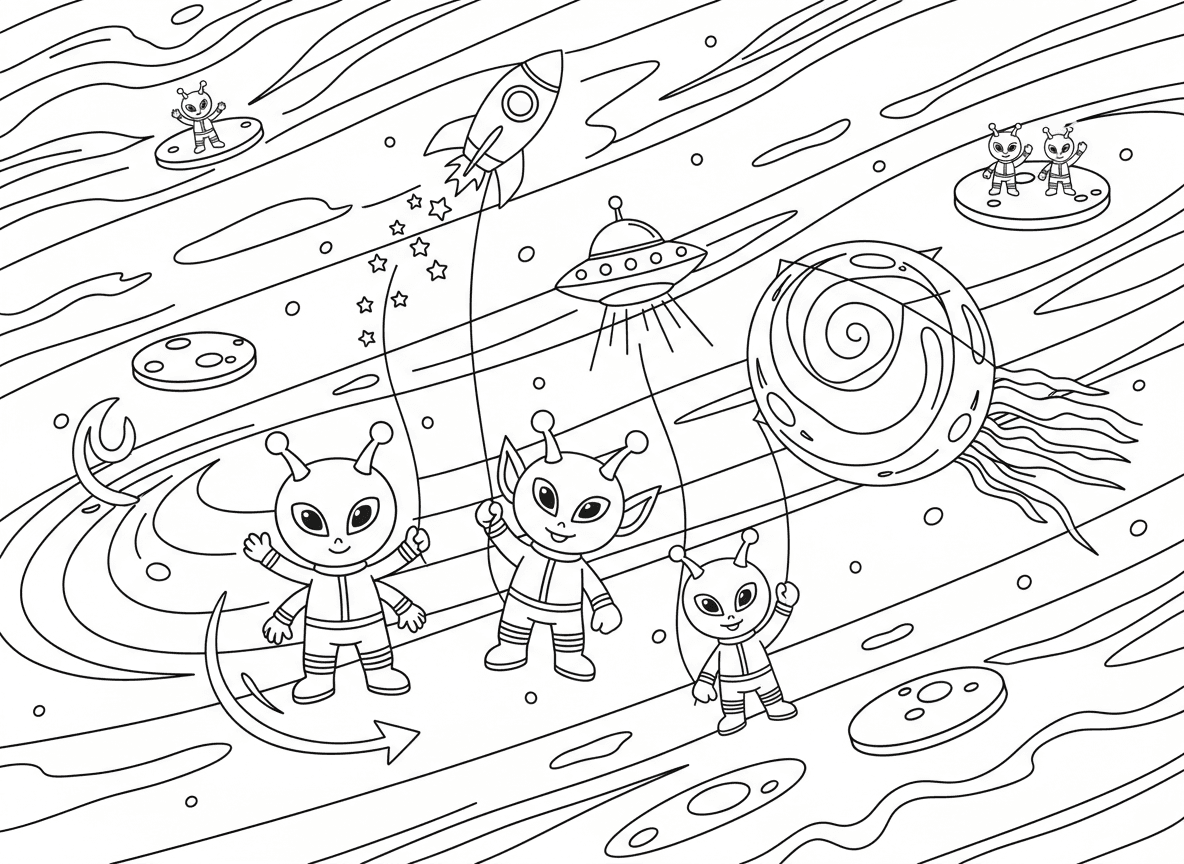 פסטיבל עפיפונים על כוכב צדק - ילדי חייזרים מעיפים עפיפונים באטמוספירה הצבעונית של צדק, עפיפונים בצורת רקטות ועבמים, הכתם האדום כעפיפון ענק, ירחים כפלטפורמות מרחפות, ורוח חלל נושבת