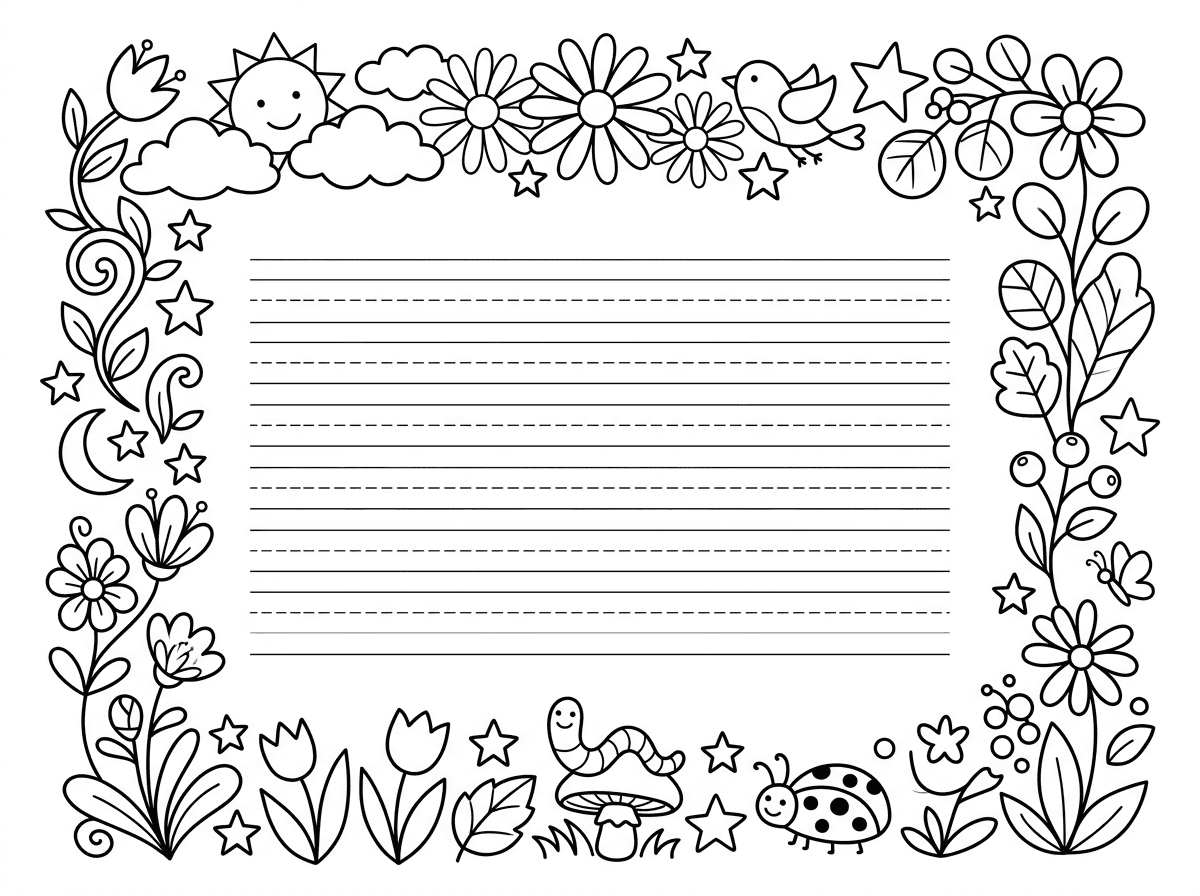 דף עם מסגרת מעוטרת יפהפייה של פרחים, כוכבים ועלים, ובמרכז שטח גדול ופתוח עם שורות ריקות לכתיבת טקסט חופשי. המסגרת מפורטת ומגוונת עם אלמנטים שונים בכל צד. סגנון אמנותי ומזמין לכתיבה ויצירה.