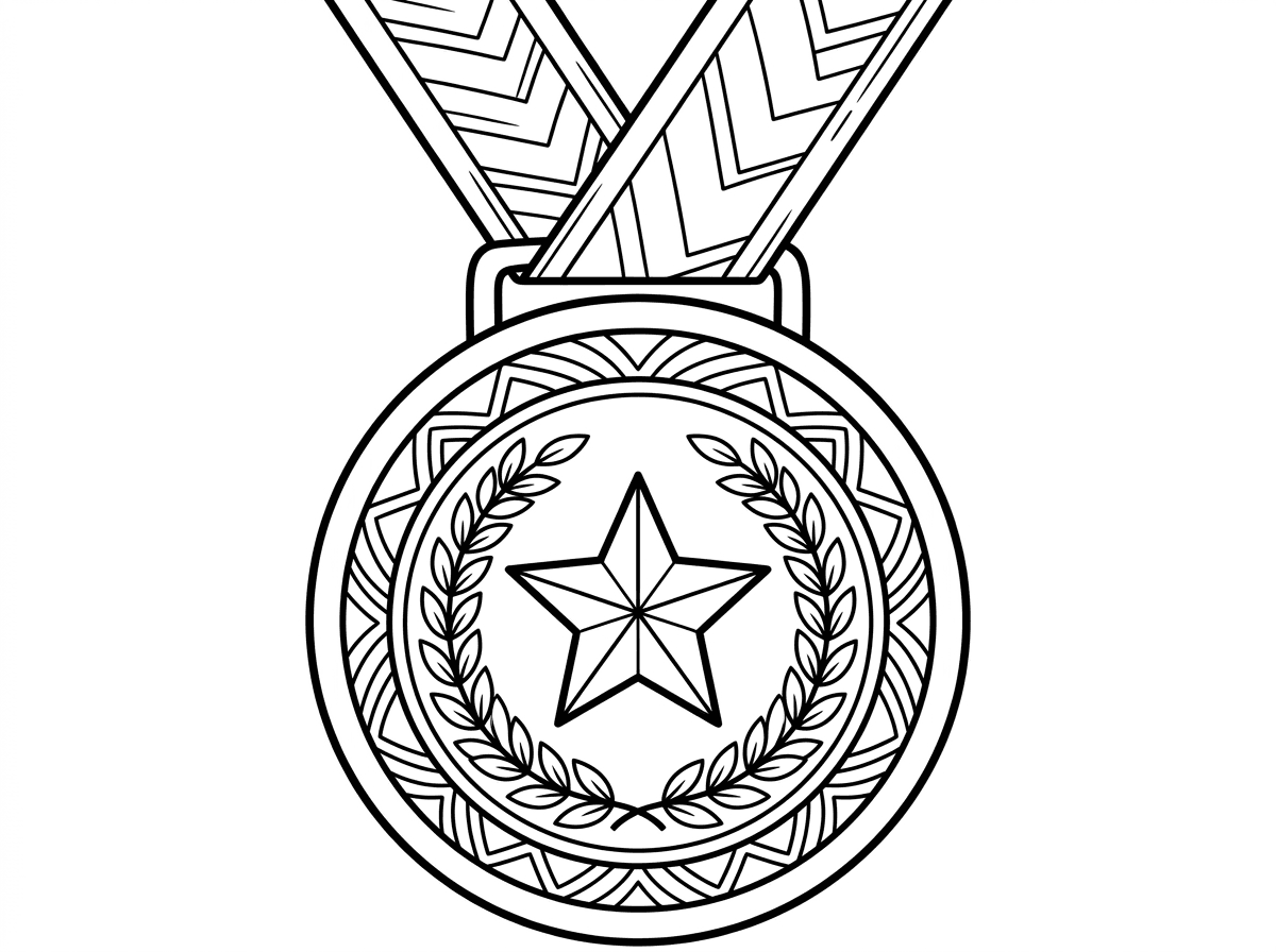 מדליית זהב עגולה עם כוכב גדול במרכזה, תלויה על סרט רחב ומקושט. סביב הכוכב עיטורי זר דפנה וכיתוב דקורטיבי. המדליה מפורטת עם עיטורים קלאסיים של ניצחון והצטיינות.