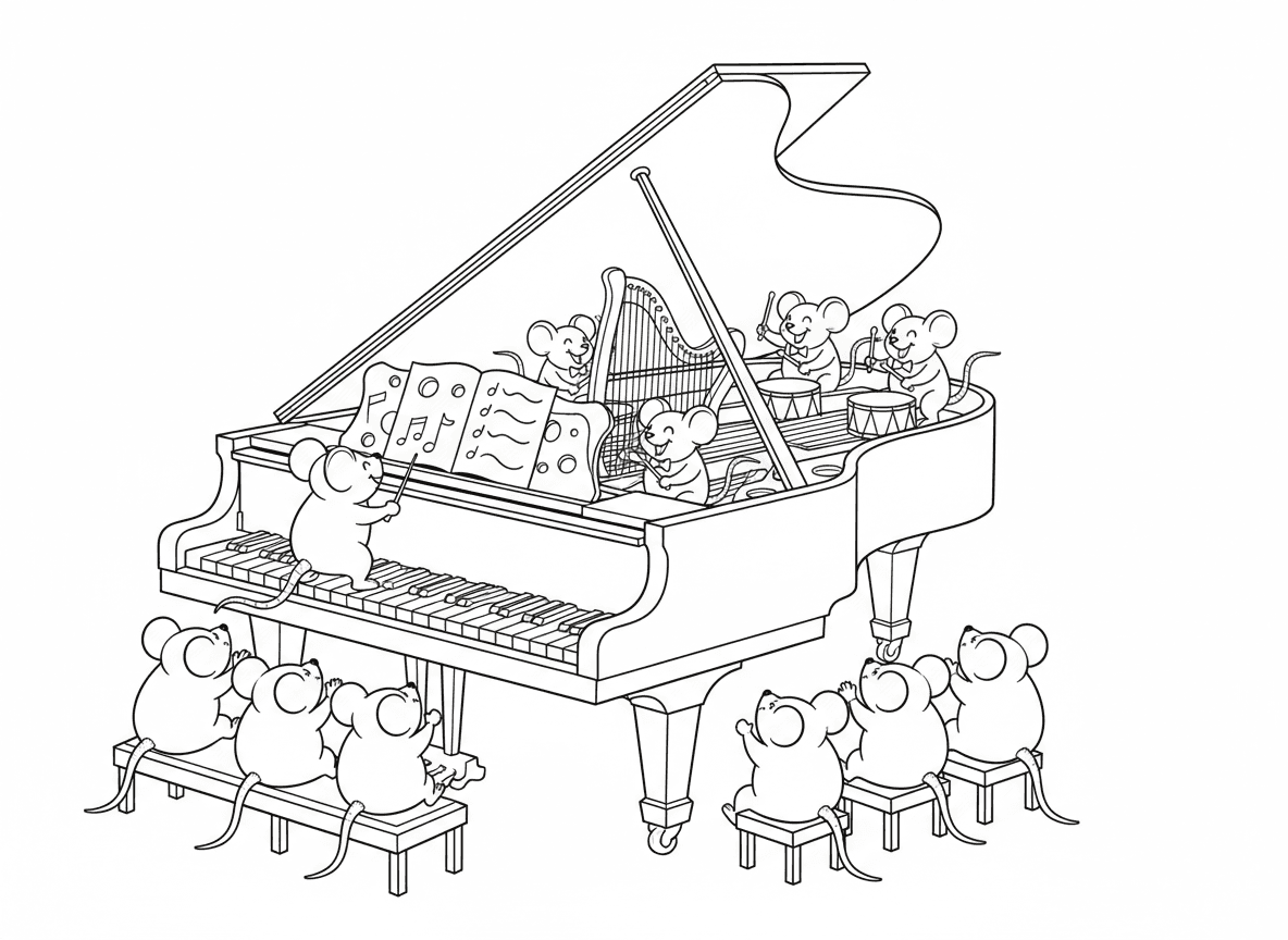 תזמורת עכברים בתוך פסנתר כנף - עכברים זעירים מנגנים בכלים בתוך פסנתר, משתמשים במיתרי פסנתר כנבל, פטישים כתופים, עכבר מנצח על קליד, קהל עכברים בספסל הפסנתר, ותווים מגבינה