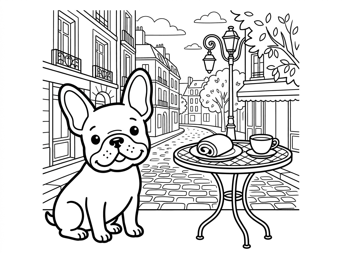 בולדוג צרפתי קטן ומקסים עם אוזניים גדולות כמו עטלף וביטוי מתוק. הוא יושב ליד שולחן קפה פריזאי קטן עם מאפה לידו, ומאחוריו נוף של רחוב צרפתי עם פנסים. סגנון אלגנטי ומעודן עם קווים דקים ועיטורים דקורטיביים.