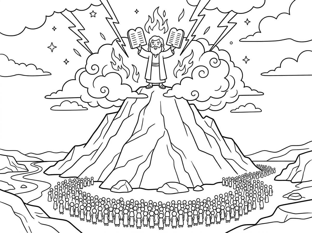 משה עומד על פסגת הר סיני מוקף בעננים ואש אלוקית, ידיו מורמות ומחזיקות את לוחות הברית. ההר גדול ומרשים עם סלעים ומדרונות, ברקים יורדים מהשמיים, ולמרגלותיו אלפי אנשים זעירים עומדים במעגל. סגנון פנורמי מקראי עם תחושת גודל.