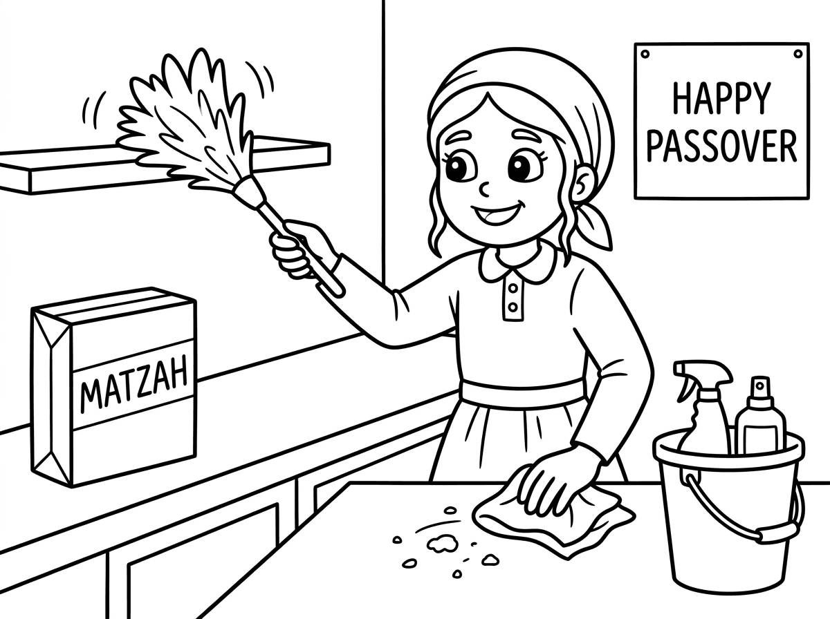 תעשה לי תמונה  שחור לבן שניתן לצבוע של ילדה צנועה שמנקה לפסח