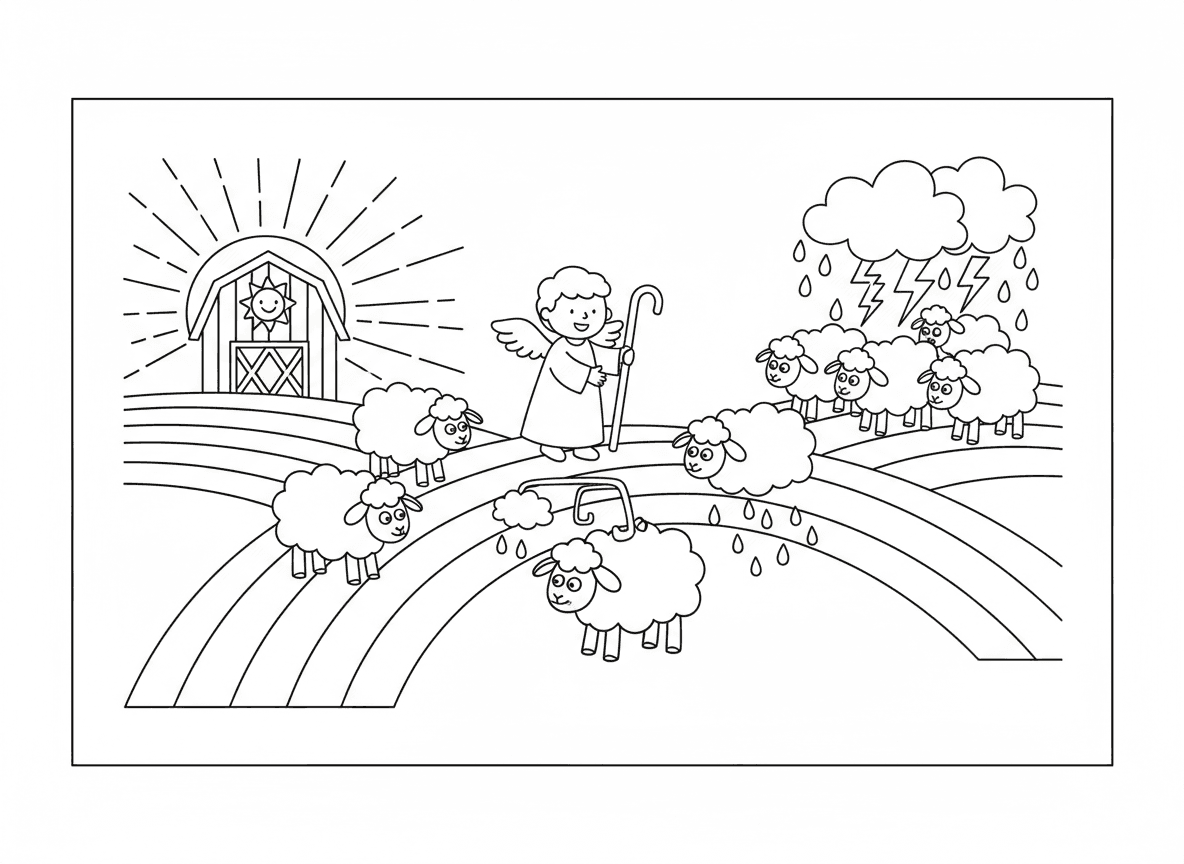 חוות כבשים מעננים - כבשים עשויות עננים רועות בשדות קשת בשמיים, רועה מלאך עם כנפיים זעירות, גשם יורד כשגוזזים כבשים, סערת רעמים כשכבשים נבהלות, ורפת זריחה
