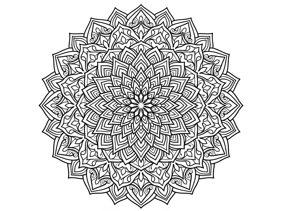 מנדלה מורכבת ועמוסה במיוחד עם שכבות רבות צפופות של דוגמאות גיאומטריות כהות ומפורטות. הדוגמאות כוללות חוטים מתפתלים, צורות מחודדות ומוטיבים גותיים. המנדלה יוצרת תחושת עומק ומסתורין, מתאימה לצביעה מדיטטיבית ממושכת.